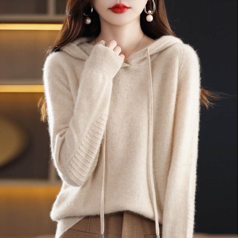 Wool Blend 2026 Autumn and Winter New Style Women's Loose Casual Hooded Sweatshirt Pure Color Short Pullover Knitted Hoodie Wool Blend 2026 Autumn and Winter New Style Women's Loose Casual Hooded Sweatshirt Pure Color Short Pullover Knitted Hoodie