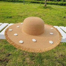新款毛须草帽女大檐钉珠帽子夏天太阳帽防紫外线遮阳帽海边沙滩帽