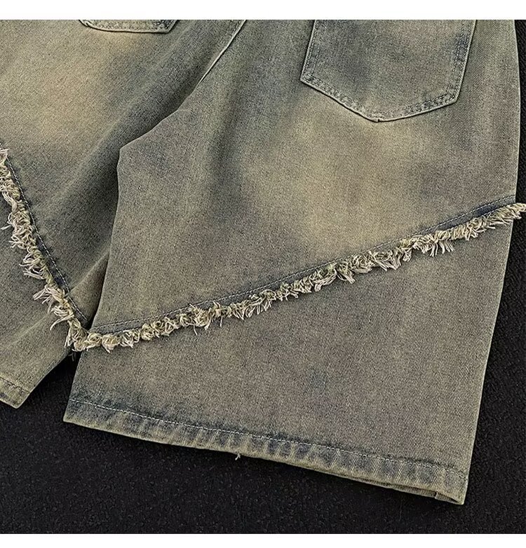 Men's Denim Shorts Retro Distressed Frayed Patchwork Loose Fit_voghion.com