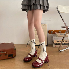 Summer and Autumn Butterfly Knot Strap Knee-High Socks, Japanese JK Mary Jane Striped Mesh Lattice Pile Socks for Girls