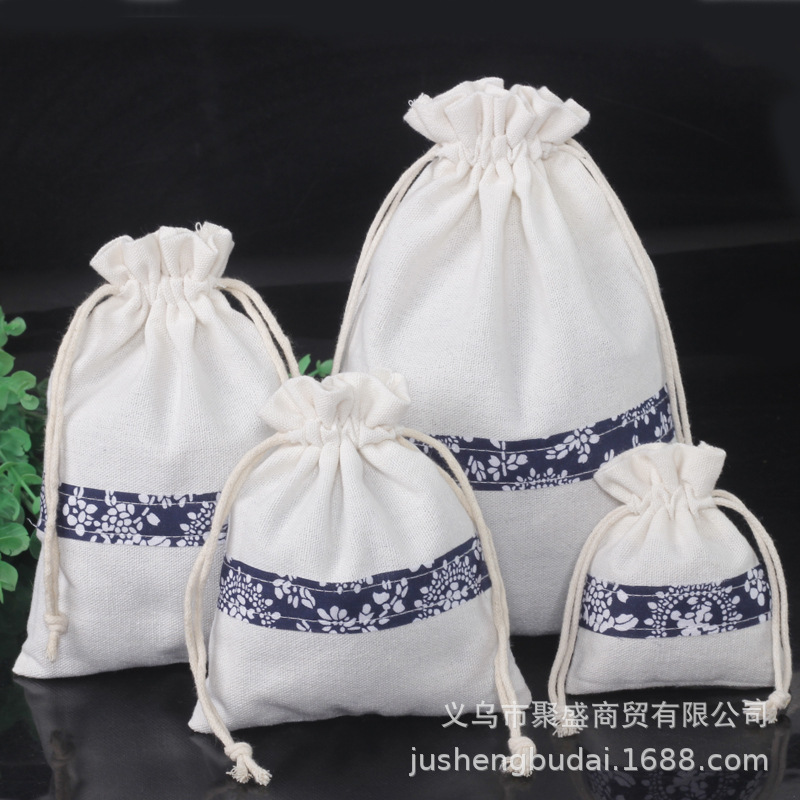 古风麻布袋diy手绘帆布袋白色青花拼束口抽绳空袋现货批发印log0