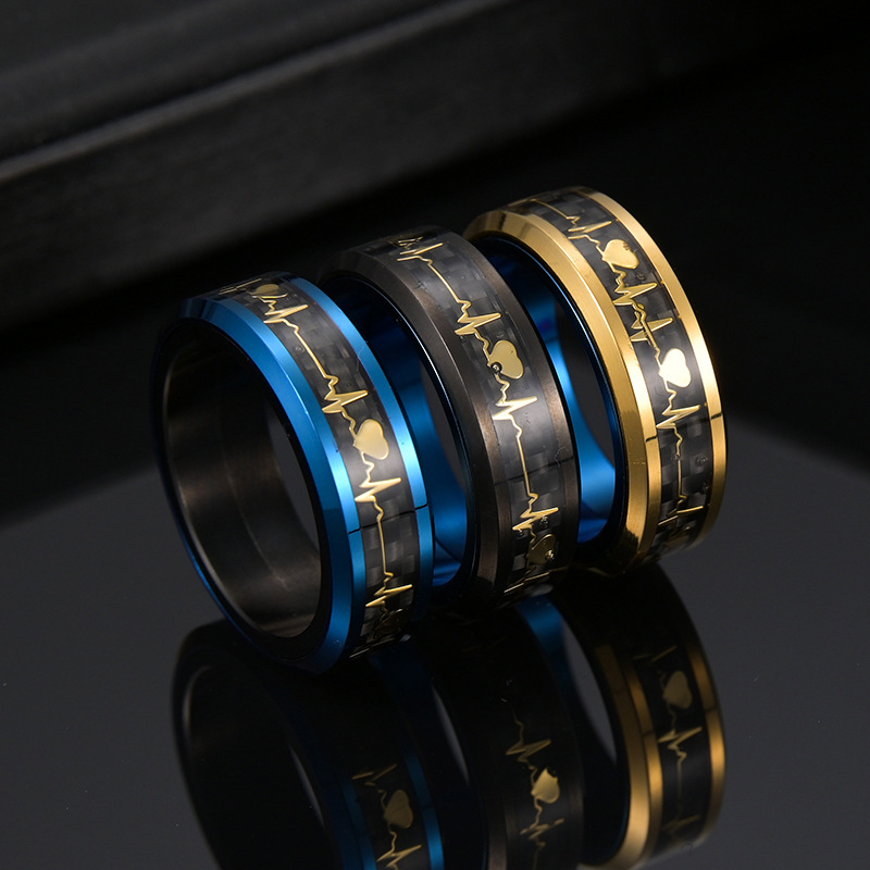 Titanium Steel Rotating Decompression Two-color Ring Carbon Fiber Heartbeat Ecg Jewelry display picture 3