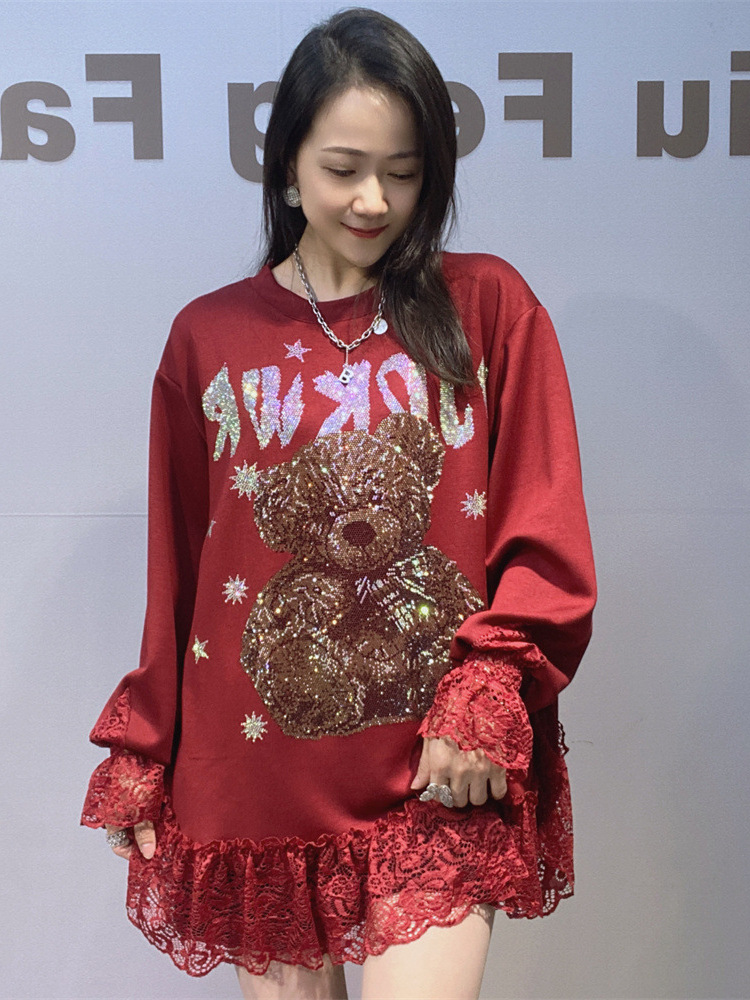 Gran tamaño de ropa de mujer europea y americana suelta alta sensación de manga larga camiseta de invierno y otoño de encaje empalmado de diamante cuello redondo image 6