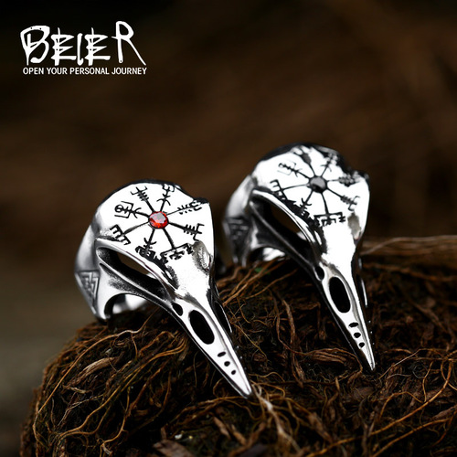  New Viking Crow Gemstone Stainless Steel Ring European and American Retro Compass Titanium Steel Men's Ring