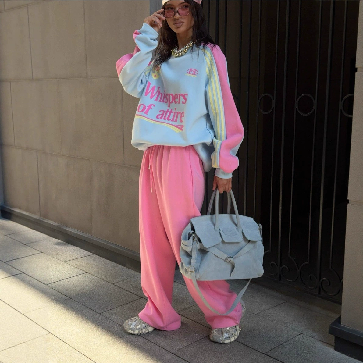 跨境欧美2025秋装新款套装女装高级感秋冬卫衣撞色拼接长裤两件套