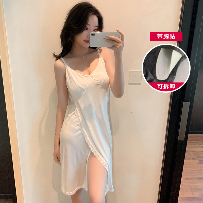 Sexy split nightdress women's modal strap pajamas solid color lace detachable chest pad simple home wear