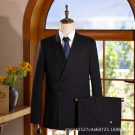 男士中式西装潮流盘扣修身西服写真青年套装结婚晚宴礼服拍照服装