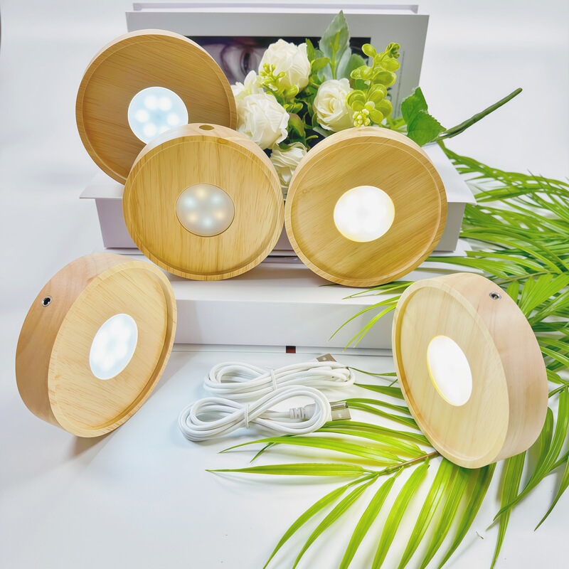 Round Acrylic Wooden Diffuser Led Night Light/Crystal Ball Solid Wood Luminous Base Touch Charging Lamp Holder
