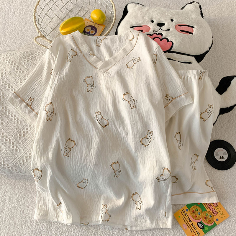 V ネック半袖ショーツパジャマ女性の夏のクラウドコットンかわいい KT 猫スーツカジュアル漫画ホーム服は屋外で着用できます|undefined