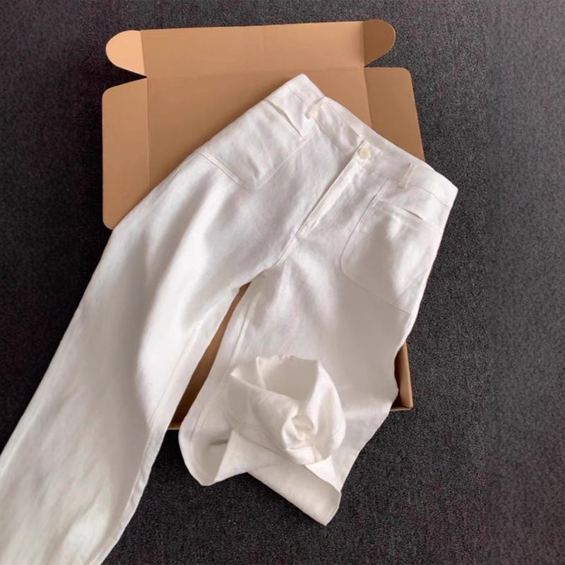 Recommended! Stylish Pocket Niche Design Comfortable Versatile Scimitar Linen Narrow Wide-Leg Pants for Women Summer