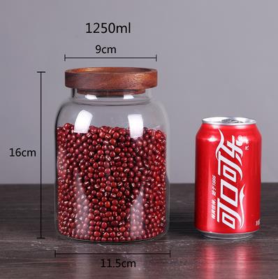 Fabricante personalizado doméstico multi-especificación de alta borosilicona vidrio granos tanque de almacenamiento de granos de gran capacidad Acacia cubierta de madera naranja lata