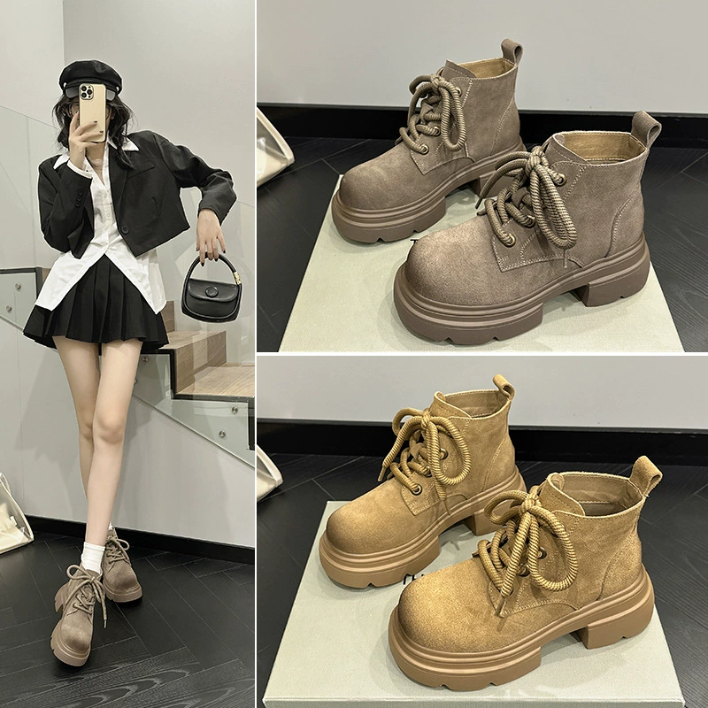 Женские короткие ботинки Мартин 2023 года на толстой подошве, увеличивающие рост, из натуральной замши и мягкой кожи с толстой подошвой для эффекта удлинения ног.