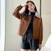 皮衣新款休闲时尚百搭钮扣款皮夹克皮衣女外套418