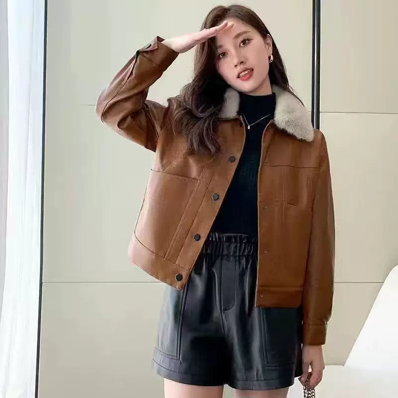 皮衣新款休闲时尚百搭钮扣款皮夹克皮衣女外套418