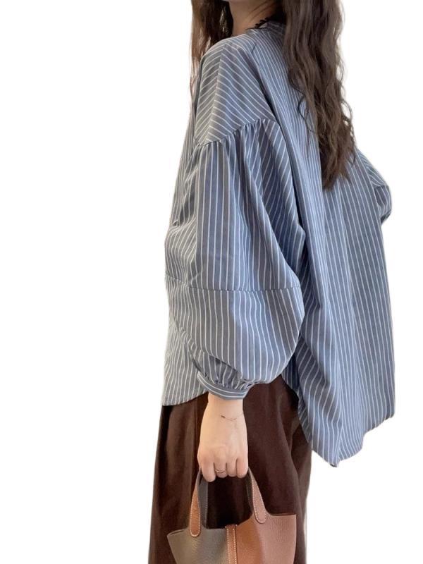 洋气灯笼袖条纹衬衫女士2025新款早秋大码胖mm正肩轻奢高级感上衣|undefined