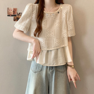 Plus Size Fake Two-Piece Asymmetrical Lace Short-Sleeved Shirt for Women in Summer, Slightly Fat Mm, Loose, Slimming Look and Chic Age-Reducing Top