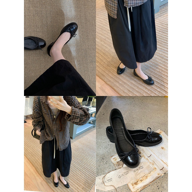 超软马皮~法式真皮复古蝴蝶结单鞋女秋新款平底浅口芭蕾玛丽珍鞋|undefined