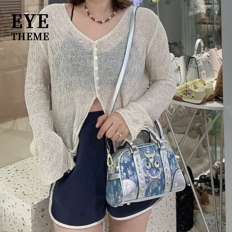 Jean bordado sequinado periódico de mano 2025 almohada casual estilo mini troquero periódico de dibujos animados de color contraste # 2824