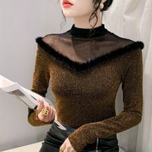 2025秋冬网纱拼接烫金女式上衣性感蹦迪夜店装金丝t恤炸街辣妹风