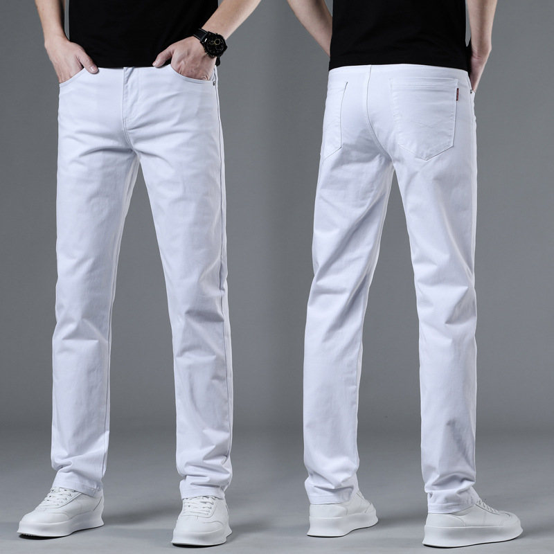 2025 New Pure Cotton White Simple Casual Pants Men's Small Straight Slim Fit Stretch Summer Thin Light Luxury Trousers