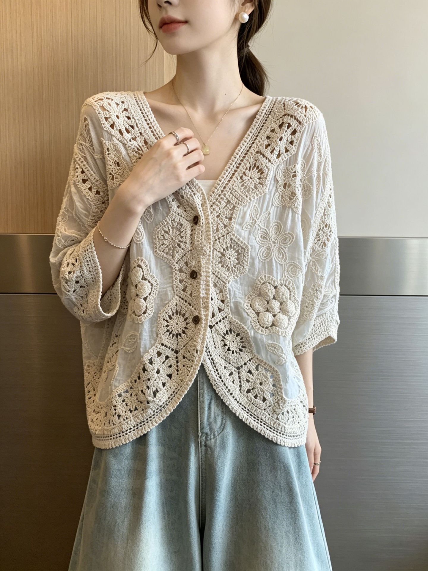 Áo chống nắng hở cổ tay bảy phần nữ phong cách trẻ trung — Màu ảnh chi tiết 7