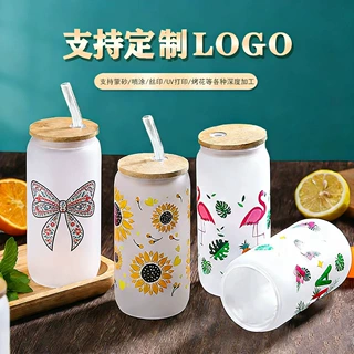 跨境16oz高硼硅可乐杯带竹盖吸管玻璃杯耐高温蒙砂可乐杯梅森杯
