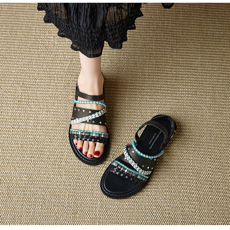 Dép sandal nữ quai ngang đế bằng da bò dệt phối màu, kiểu La Mã hở mũi — đen chi tiết 2