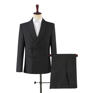 Chinese-style Buckle Suit Men's Shade Collar Black Photo Studio Wedding Dress Chinese-style Slim-fit Performance Suit