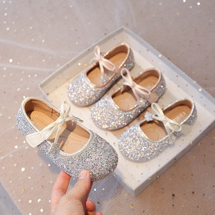 Girls' Full Diamond Shiny Performance Princess Shoes 2025 Spring and Summer Star Rhinestone Bow Small Leather Shoes