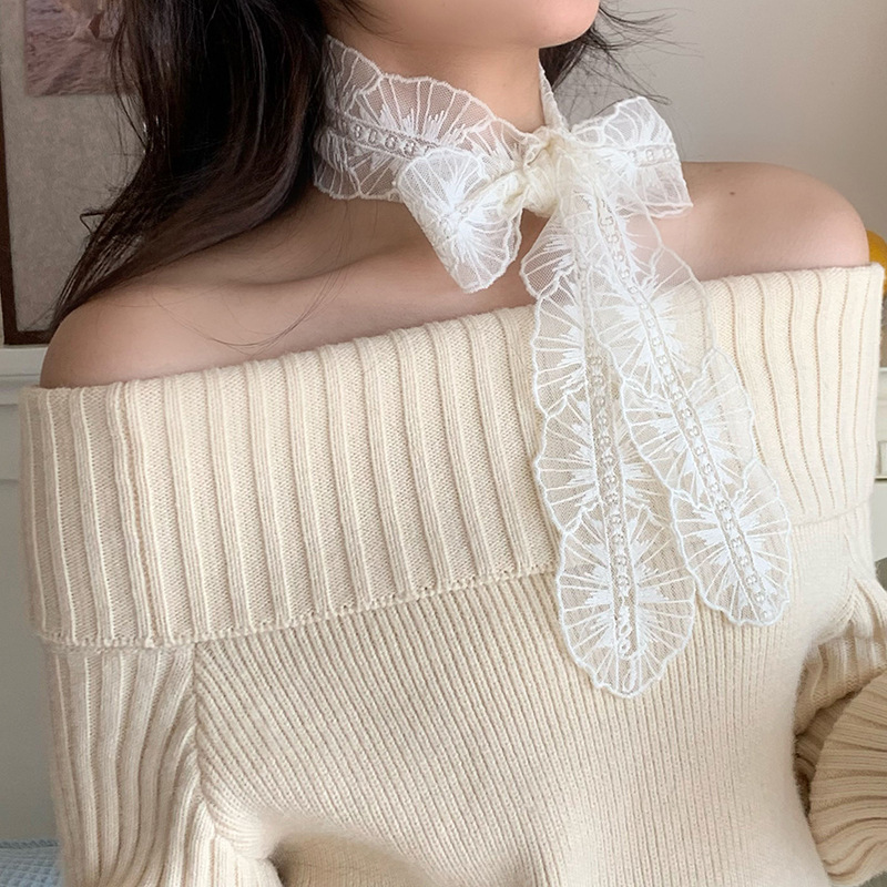 Bufandas de seda de alta calidad coreana bufandas de encaje de encaje de la atmósfera del bosque de la sensación de correa de cabello atado bufandas de seda