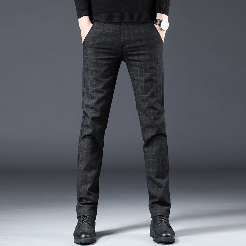 Spring and Autumn checkered casual for men, straight leg slim fit elastic work pants, youth trendy men's pants_voghion.com
