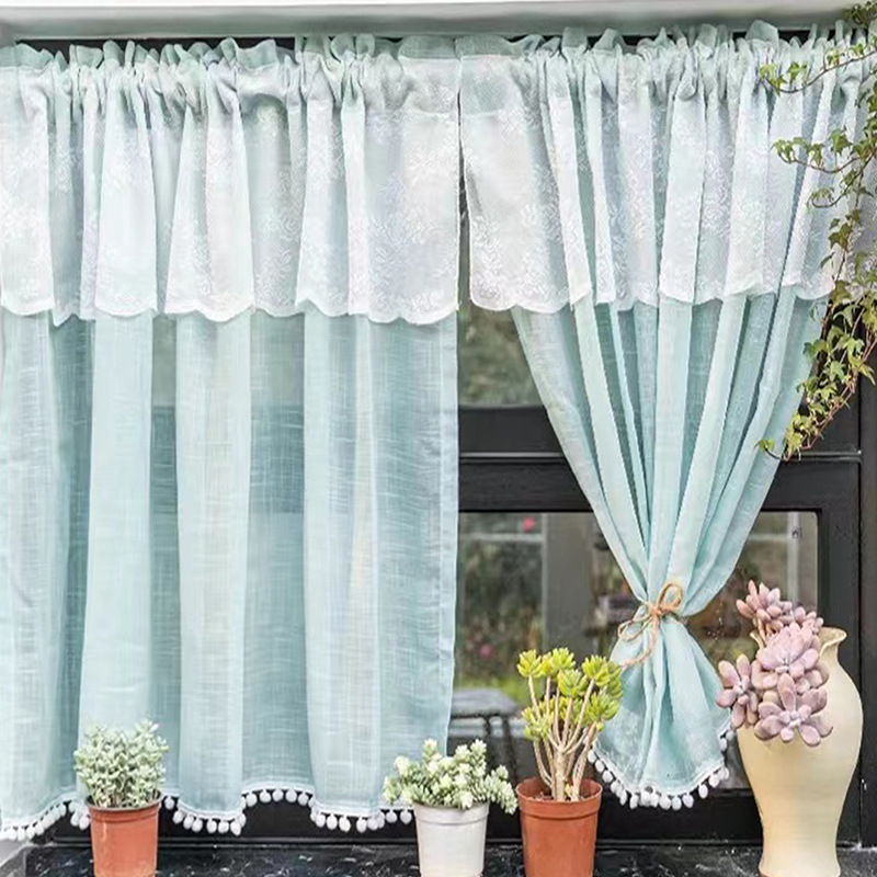 Small Fresh Solid Color Slub Lace Coffee Curtain Cabinet Wardrobe Shelter Small Door Curtain Bay Window Short Curtain Finished Curtain