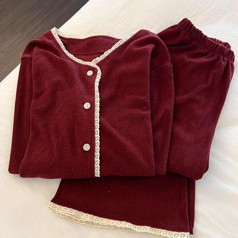 New Festive Autumn and Winter Pajamas for Women, Warm Velvet Cardigan, New Year Red Long-Sleeved Trousers, Sweet Home Clothes Two-Piece Set