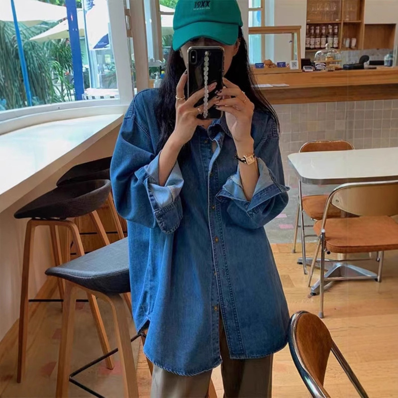 plus size Chubby Sister American Style Vintage Denim Shirt Coat Women's Spring and Autumn Mid-length Loose Slimming Hong Kong Style Top