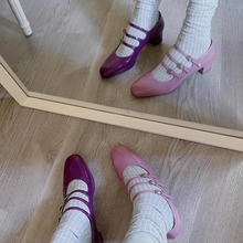 【现货】三扣带玛丽珍小皮鞋女粗跟单鞋复古漆皮法式方头高跟鞋