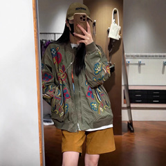 大爆款小众设计重磅刺绣高端欧美风拉链风衣外套女军绿色百搭显瘦