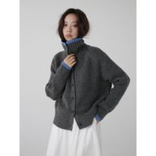 【羊羊世家】韩系慵懒风灰色针织开衫外穿撞色领毛衣女上衣外套冬