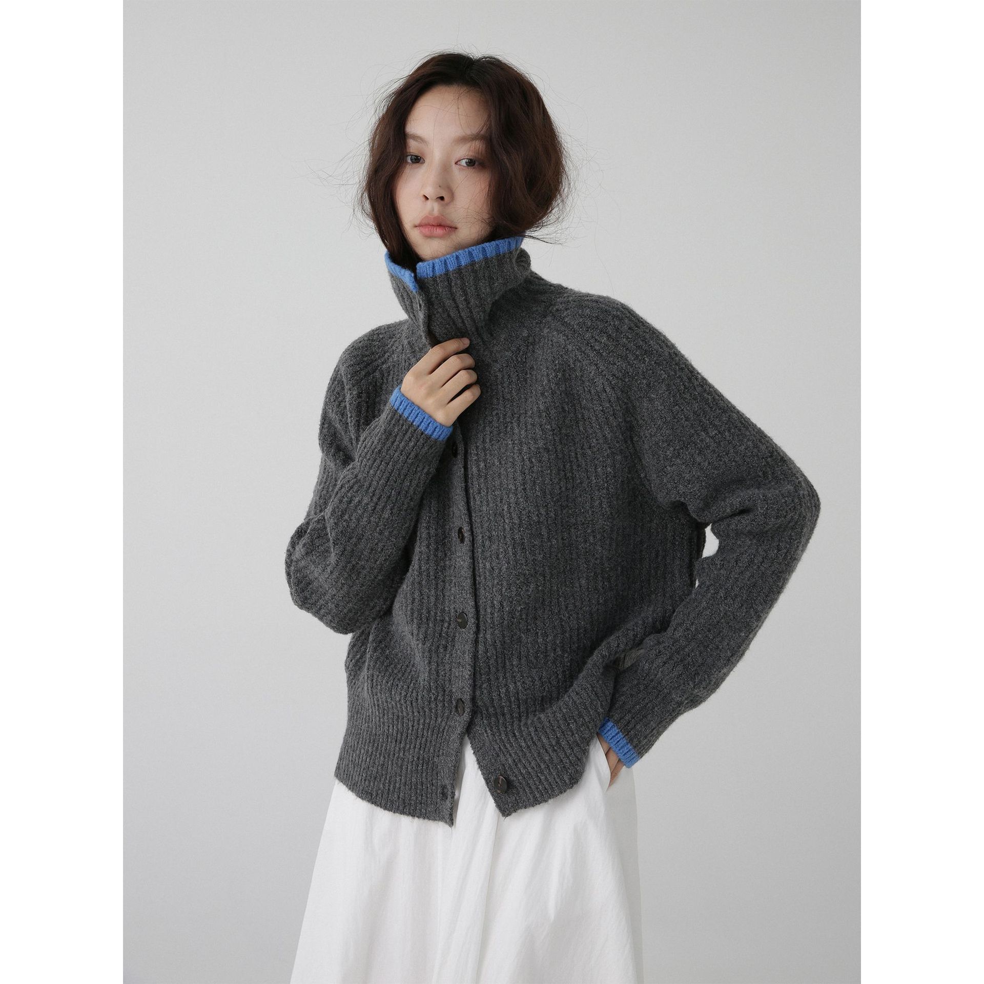 【绵羊绒】韩系慵懒风灰色针织开衫外穿撞色领毛衣女秋冬上衣外套