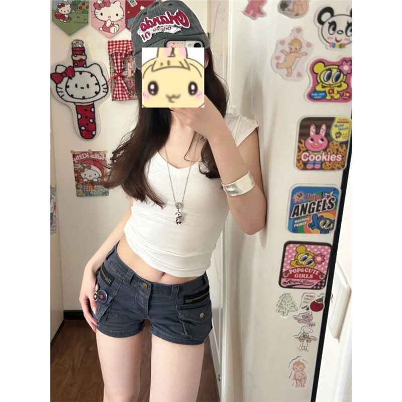 Original Retro Workwear Pocket Denim Shorts for Women, Slim Fit, Sexy, Stretchy, Versatile, Hip-Hugging Workwear Style Hot Pants