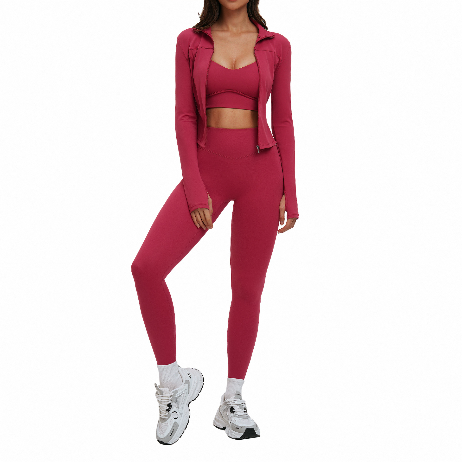 Gebürstetes Yoga-Set für Damen, figurformende, rückenfreie Fitnessbekleidung, dreiteilig, Outdoor-Laufsport_voghion.com
