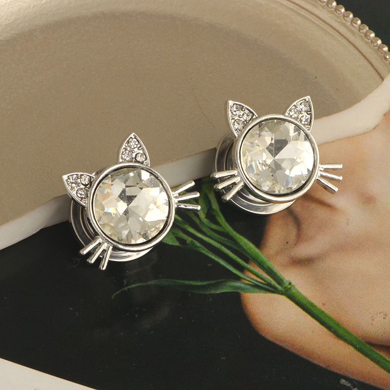 Cross-border Stainless Steel Cat Head Piercing Ear Hole Tool Punk Crystal Earrings detail image 9