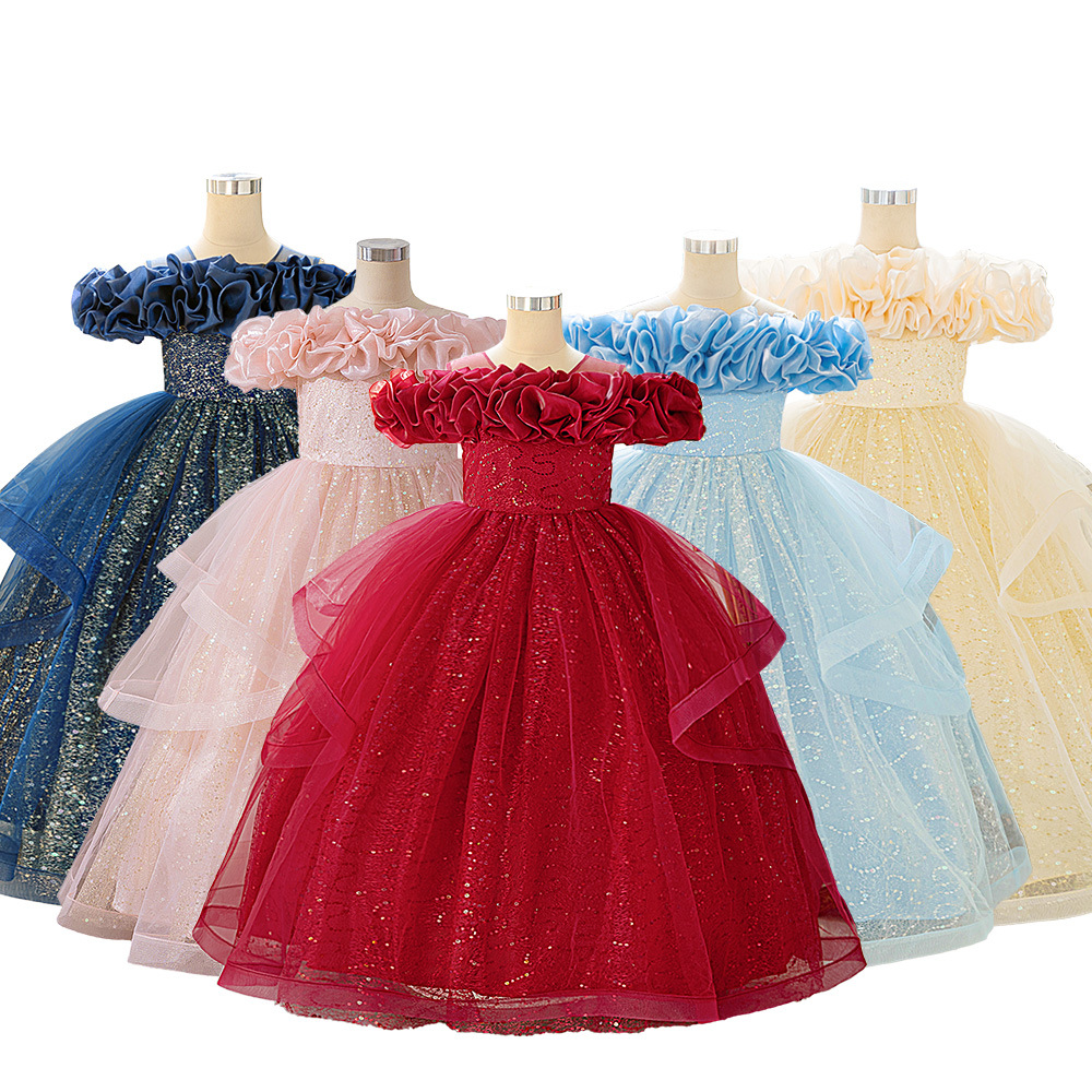 Nuevos vestidos para niños europeos y americanos, vestidos de princesa, elegantes faldas de tutú de malla, vestidos de noche de fiesta de cumpleaños para niñas de flores