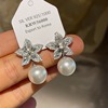 Silver needle, universal earrings floral from pearl, silver 925 sample, diamond encrusted, light luxury style