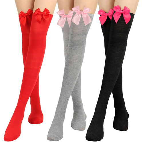 3pair lovely bowknot socks knee-high socks silk stockings female their European and American holiday pure color Christmas stockings