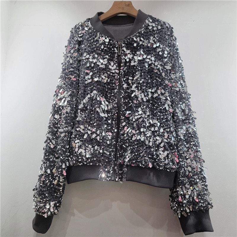 2026 primavera corta chaqueta de paleta pesada de estilo europeo y americano chaqueta de manga larga suelta para mujeres