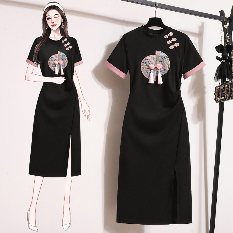 中式国风流苏盘扣收腰连衣裙女夏季复古重工设计感T恤中长裙