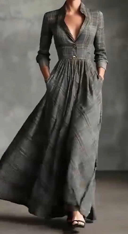 Women's Clothing Women's V Neck Gray Plaid Long Dress European And American Minimalist Retro Style Autumn Winter Full Swing Dress_ecoleips.com
