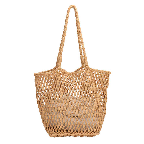 Korean style casual literary bucket bag ins fashion hollow canvas mother-in-law bag internet celebrity cotton thread woven shoulder bag for women