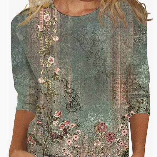 Amazon Women's Top Seven Sleeve Summer Ethnic Floral Slim-fit Cute Top Round Neck Slim-fit Printed T-shirt
