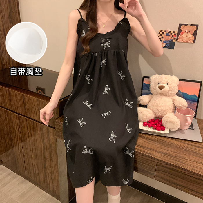 2025 pijamas de verano nubes de algodón cinturón cojín de pecho delgado vestido de pijama de suspensión fresco estudiante vestido de casa vestido unificado